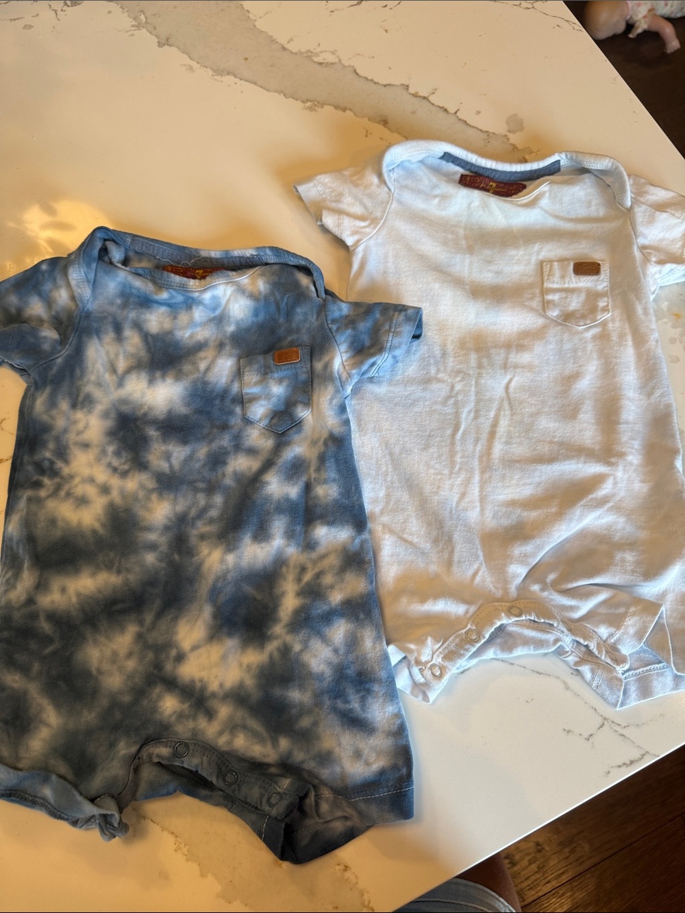 7 For All Mankind Blue Tie-Dye and Light Blue Baby One-Pieces